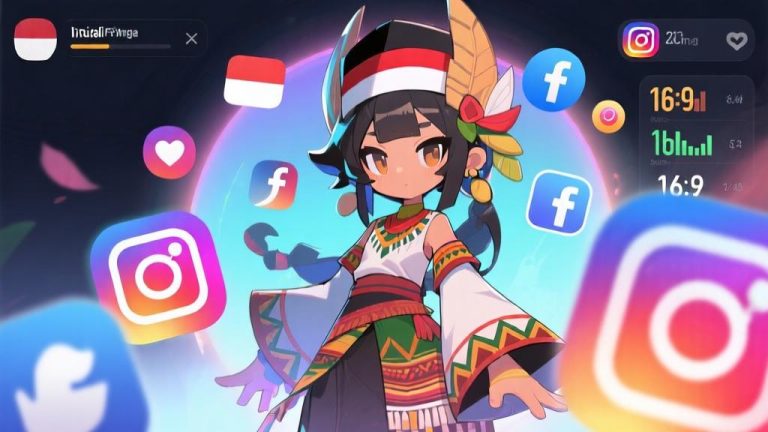 自动生成图片: Digital illustration of a stylized game character with unique Indonesian-inspired design elements, surrounded by social media icons and engagement metrics, vibrant colors with soft glow effects, modern anime style with cultural fusion high quality illustration, detailed, 16:9