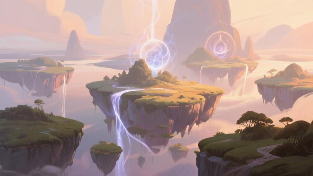 Abstract landscape of floating islands with elemental energy streams, soft warm color palette, mystical atmosphere, digital painting style with gentle lighting effects high quality illustration, detailed, 16:9