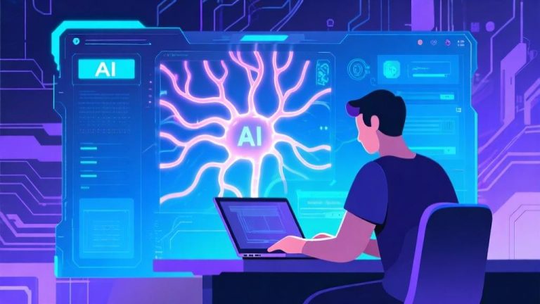 自动生成图片: Futuristic digital creation interface with AI elements, glowing neural networks, developer working on laptop, abstract technology background, blue and purple color scheme, modern minimal design high quality illustration, detailed, 16:9