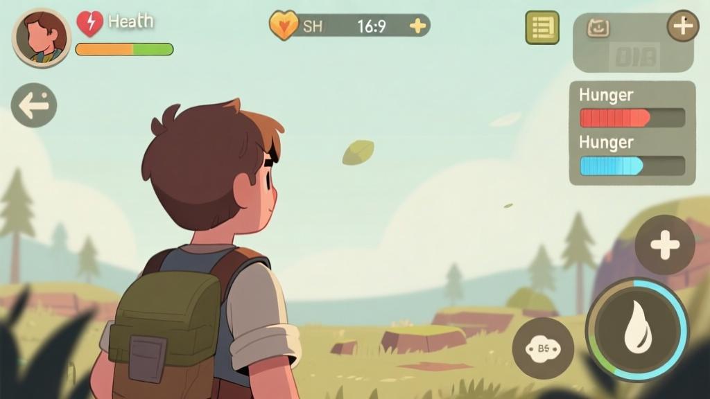 A beginner game character looking at a survival game interface with health, hunger and thirst indicators, soft natural color palette, minimalist game HUD design, clean illustration style high quality illustration, detailed, 16:9