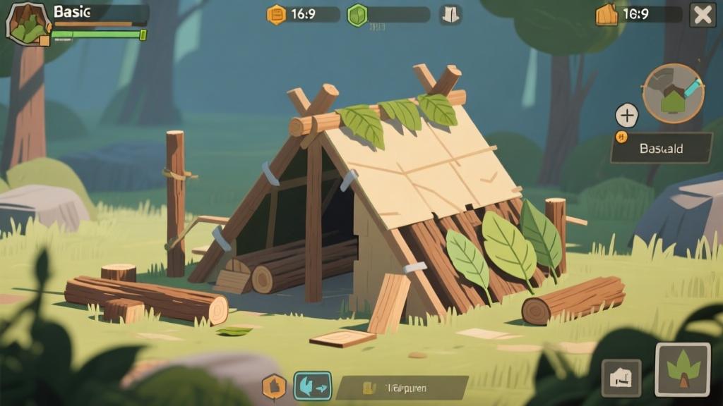 Game interface showing a basic shelter construction process with wood and leaf materials, soft natural lighting, minimalist survival game aesthetic, clean visual guide high quality illustration, detailed, 16:9