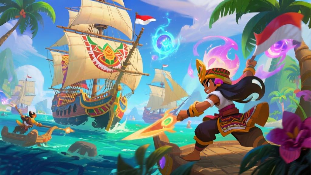 Vibrant fantasy game scene with sailing ships and magical elements, Indonesian cultural motifs integrated into character designs, dynamic action composition, rich color palette with tropical influences high quality illustration, detailed, 16:9