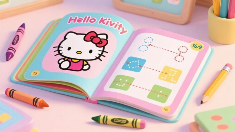 自动生成图片: A cheerful Hello Kitty activity book open to colorful pages showing tracing exercises and simple puzzles, surrounded by crayons and pencils, soft pastel color scheme, educational setting high quality illustration, detailed, 16:9
