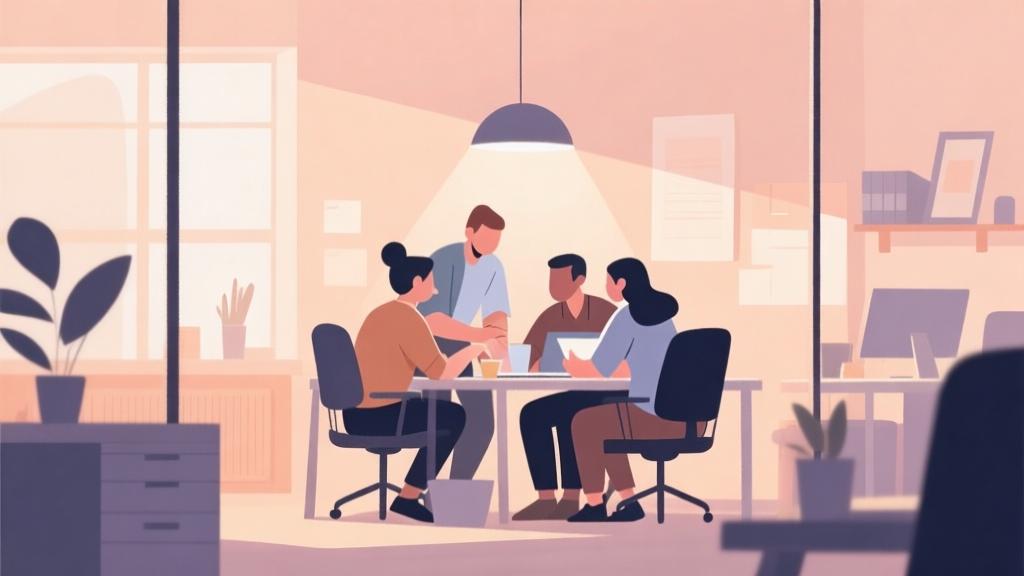 Abstract illustration of a small team working together in a cozy office environment, soft warm lighting, collaborative atmosphere, minimalist style with gentle colors high quality illustration, detailed, 16:9