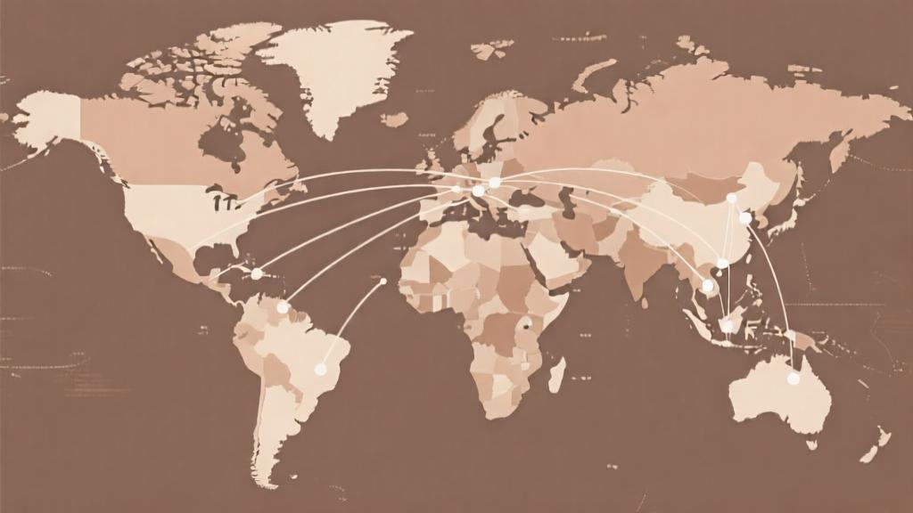 Minimalist world map with connection lines from Indonesia to global destinations, soft earth tone colors, abstract business growth concept high quality illustration, detailed, 16:9