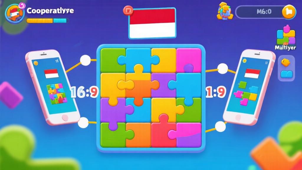 Colorful mobile game interface showing tile matching gameplay with Indonesian flag elements, cooperative multiplayer mode with connected devices, vibrant puzzle pieces arrangement, modern game design aesthetic high quality illustration, detailed, 16:9
