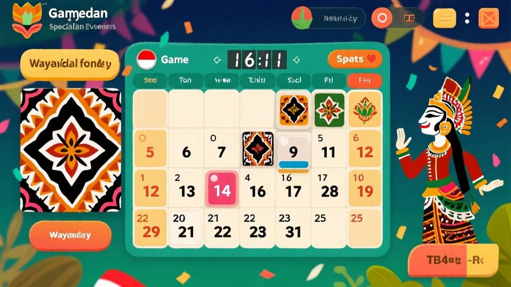 Game event calendar interface with Indonesian cultural elements, wayang and batik patterns integrated into tile designs, countdown timer for special events, festive color scheme high quality illustration, detailed, 16:9