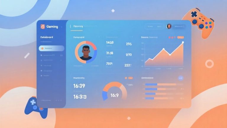 自动生成图片: Modern gaming dashboard showing player statistics and growth charts, soft blue and orange gradient background, minimalist data visualization, abstract gaming elements high quality illustration, detailed, 16:9