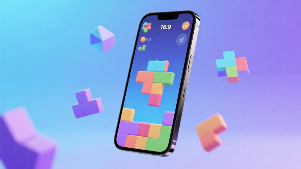 Modern smartphone displaying colorful 3D puzzle game interface with geometric shapes, soft gradient background with blue and purple tones, minimalist design style, abstract game elements floating around high quality illustration, detailed, 16:9