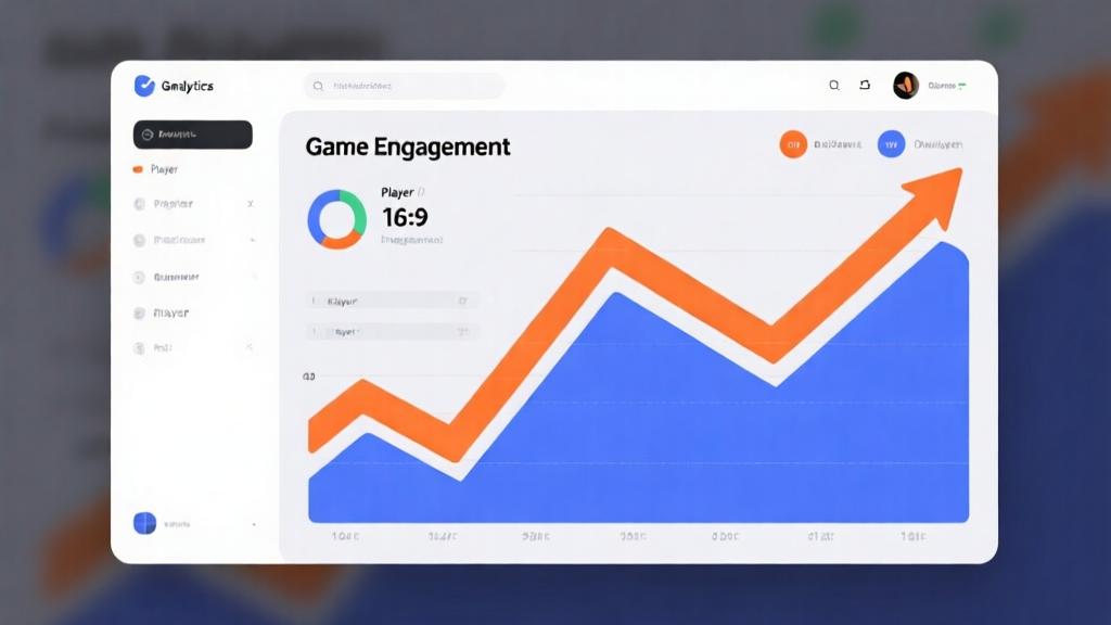 Abstract visualization of game analytics dashboard showing player engagement metrics, rising trend lines in orange and blue, minimalist design with clean typography, professional business intelligence style high quality illustration, detailed, 16:9