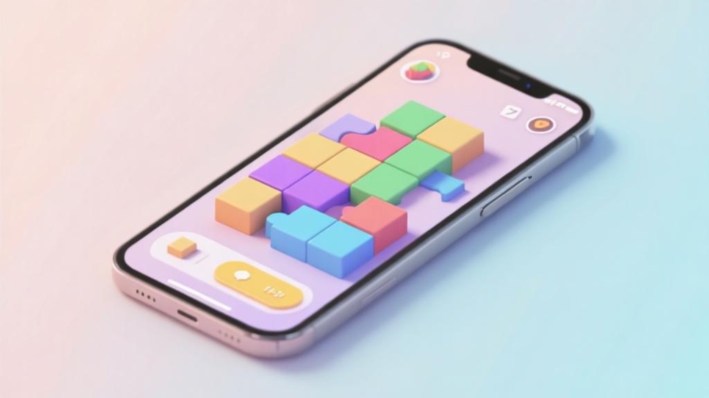 Modern smartphone showing colorful puzzle game interface, abstract geometric blocks arrangement, soft pastel color palette, clean minimalist design, gaming app visualization high quality illustration, detailed, 16:9