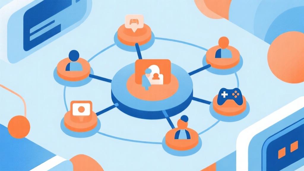 Abstract network diagram showing community connections around gaming, soft blue and orange color scheme, modern minimalist design, social engagement visualization high quality illustration, detailed, 16:9