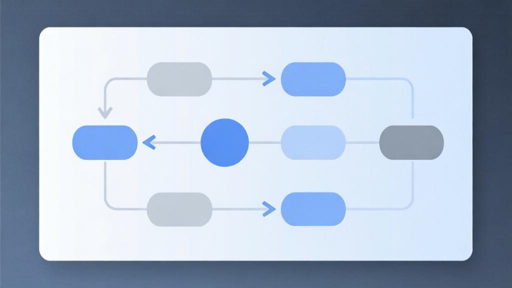 Minimalist sequence diagram with connected nodes and arrows, soft blue and gray color scheme, clean business presentation style high quality illustration, detailed, 16:9
