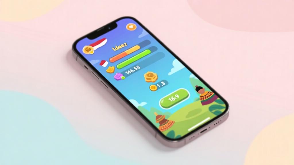 Modern smartphone displaying colorful idle game interface with progress bars and resource counters, soft pastel background, minimalist design style, Indonesian cultural elements subtly integrated high quality illustration, detailed, 16:9