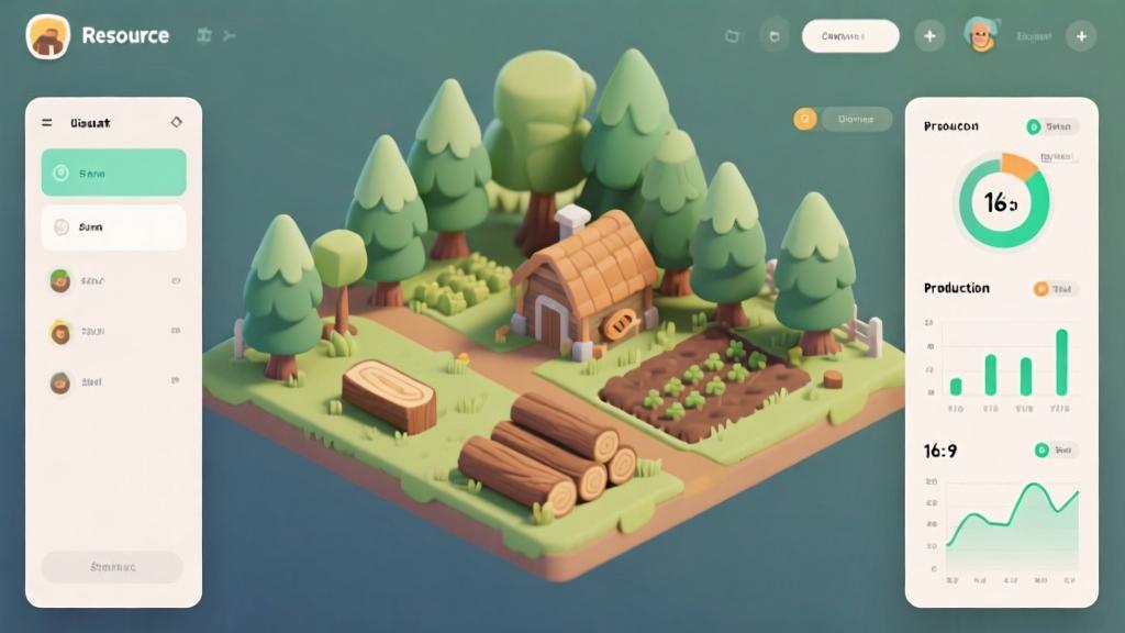 Digital illustration of a virtual forest farm with resource management dashboard, showing wood production metrics, soft natural color palette, clean game interface design, isometric view high quality illustration, detailed, 16:9