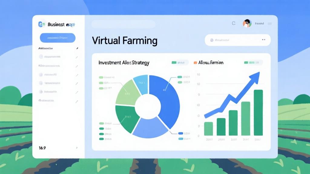 Business infographic showing investment allocation strategy for virtual farming, with pie charts and growth arrows, soft blue and green color scheme, clean financial dashboard design high quality illustration, detailed, 16:9