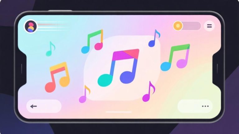 自动生成图片: Modern mobile gaming interface showing colorful rhythm game elements, abstract musical notes floating around, soft gradient background in pastel colors, minimalist design with clean geometric shapes high quality illustration, detailed, 16:9