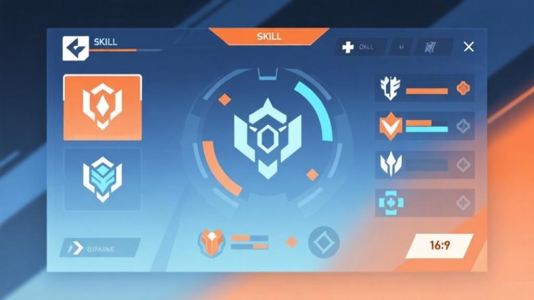 自动生成图片: Abstract gaming interface showing skill icons and combat mechanics, soft blue and orange color scheme, modern minimalist design, professional game concept illustration high quality illustration, detailed, 16:9