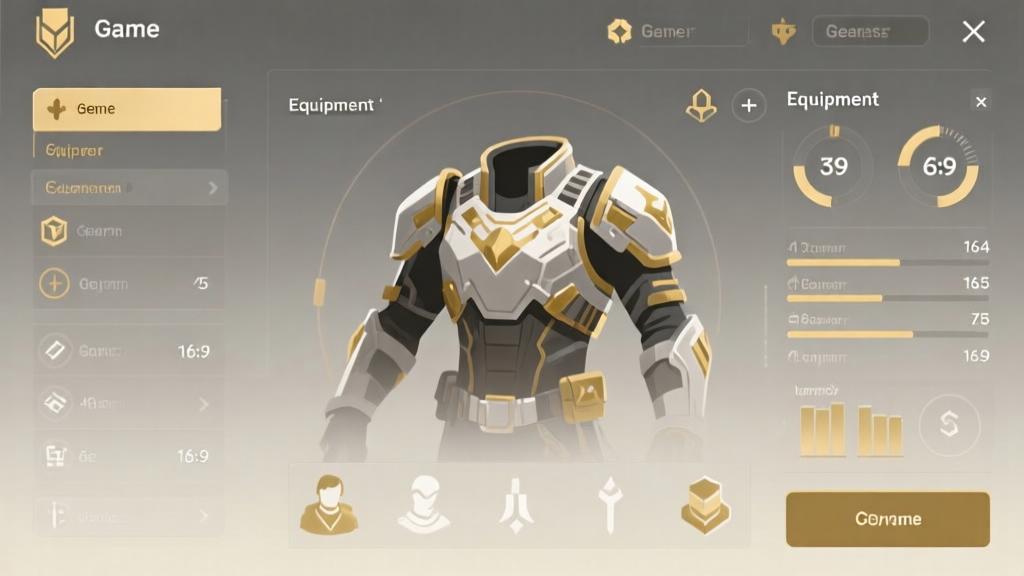 Minimalist game equipment and gear interface, showing stats and attributes, soft gold and gray color scheme, clean professional design high quality illustration, detailed, 16:9
