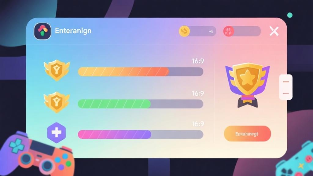 Abstract game interface design showing progression bars and achievement icons, soft gradient background with gaming elements, modern minimalist style, digital entertainment concept high quality illustration, detailed, 16:9