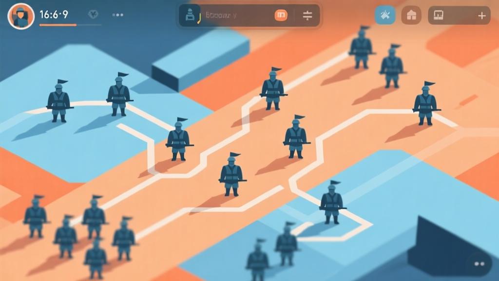 Abstract battle strategy interface showing troop movement patterns, soft blue and orange color scheme, minimalist game UI design, clean geometric shapes representing military units high quality illustration, detailed, 16:9