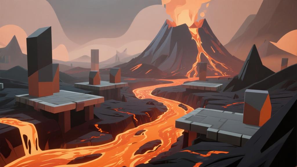 Abstract volcanic landscape with flowing lava rivers, dangerous terrain with unstable platforms, minimalist game environment design, soft orange and dark color palette, geometric shapes representing game obstacles high quality illustration, detailed, 16:9