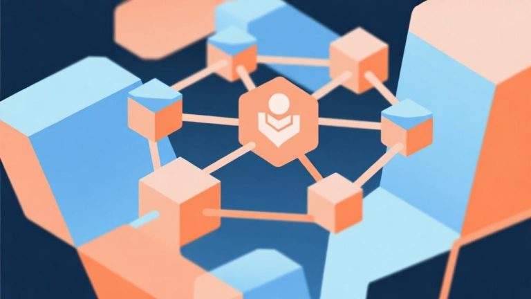 自动生成图片: Abstract team collaboration concept with interconnected geometric shapes, soft blue and orange color scheme, modern minimal design, professional gaming strategy visualization high quality illustration, detailed, 16:9