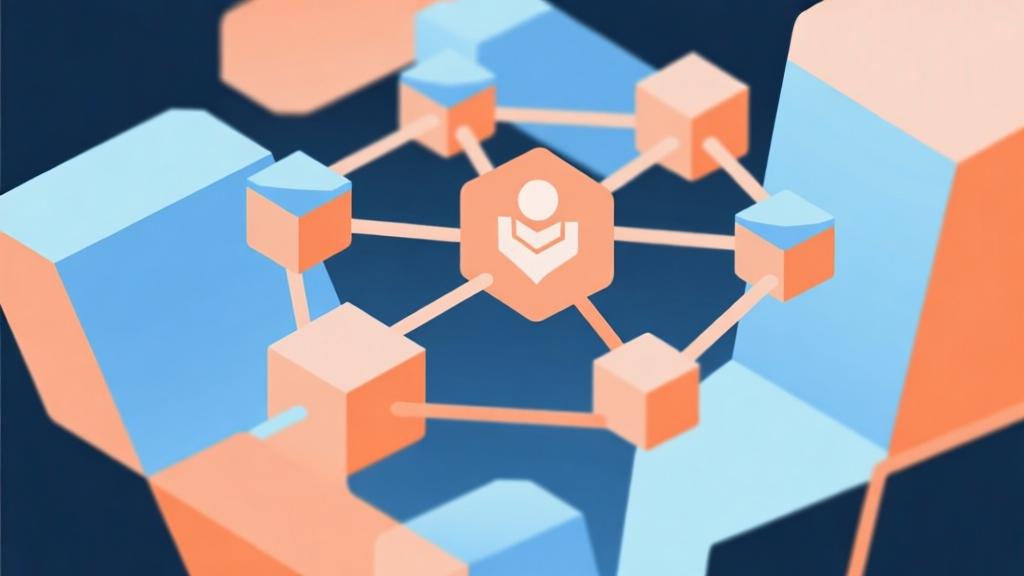Abstract team collaboration concept with interconnected geometric shapes, soft blue and orange color scheme, modern minimal design, professional gaming strategy visualization high quality illustration, detailed, 16:9