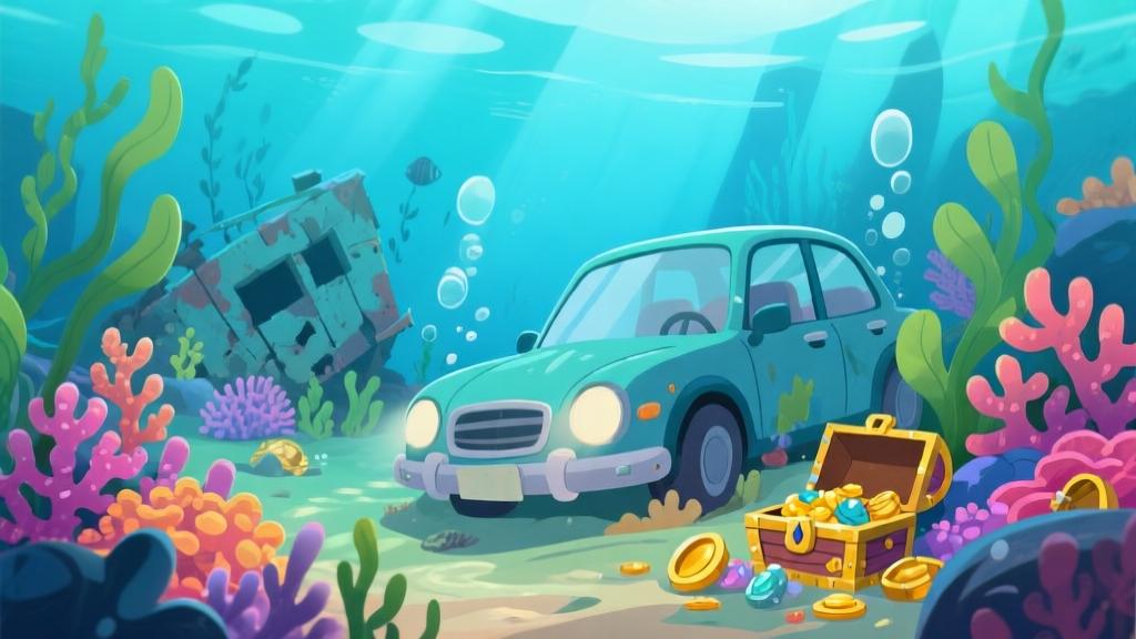 Underwater car adventure scene with colorful coral reefs, sunken treasures, and aquatic plants, soft blue and green color palette, cartoonish illustration style, playful underwater lighting effects high quality illustration, detailed, 16:9