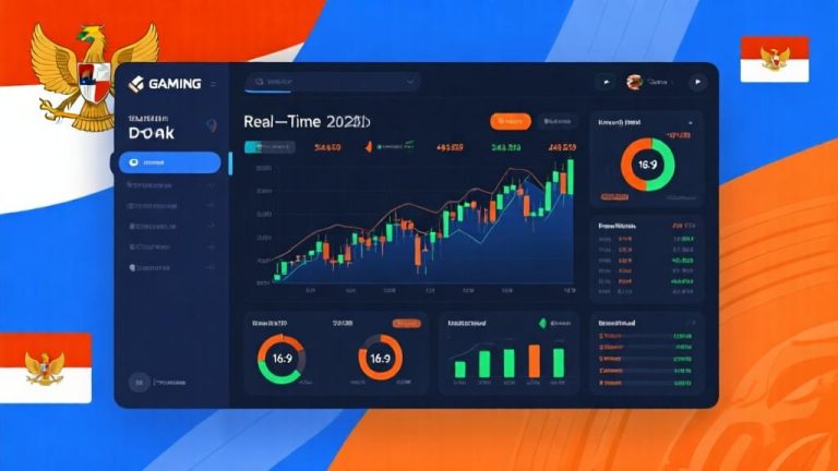 自动生成图片: Modern gaming interface showing real-time trading dashboard with multiple data points, Indonesian-themed background elements, clean professional design with blue and orange color scheme high quality illustration, detailed, 16:9