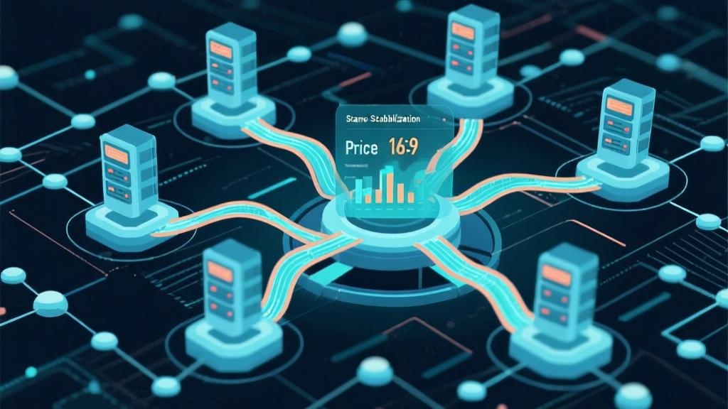 Abstract data visualization showing price stabilization across multiple game servers, interconnected network nodes with flowing data streams, professional business infographic style high quality illustration, detailed, 16:9
