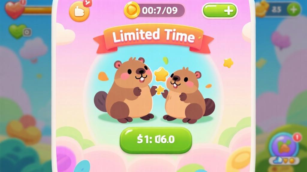 Colorful mobile game interface showing cute capybara characters merging, soft pastel background, playful design elements, limited-time event banner with countdown timer high quality illustration, detailed, 16:9