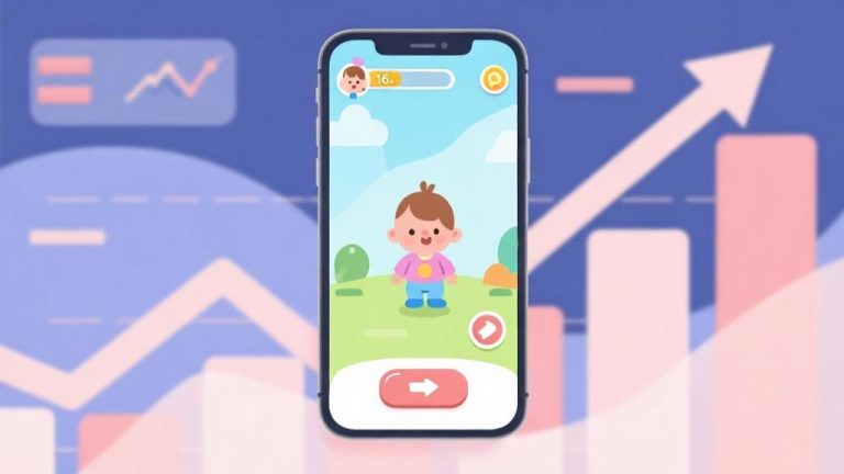 自动生成图片: Modern minimalist illustration of a smartphone displaying a daycare simulation game interface, soft pastel color palette, clean design elements, abstract business growth charts in background high quality illustration, detailed, 16:9