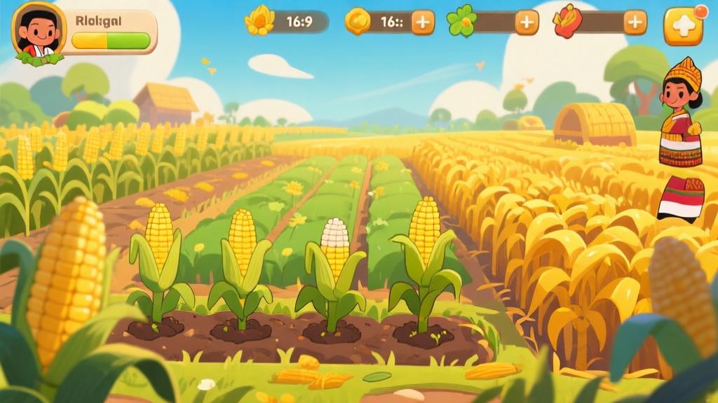 Vibrant digital illustration of a cornfield game interface, showing seasonal changes from planting to harvest, warm color palette with golden yellows and greens, cartoonish game art style with Indonesian cultural elements high quality illustration, detailed, 16:9