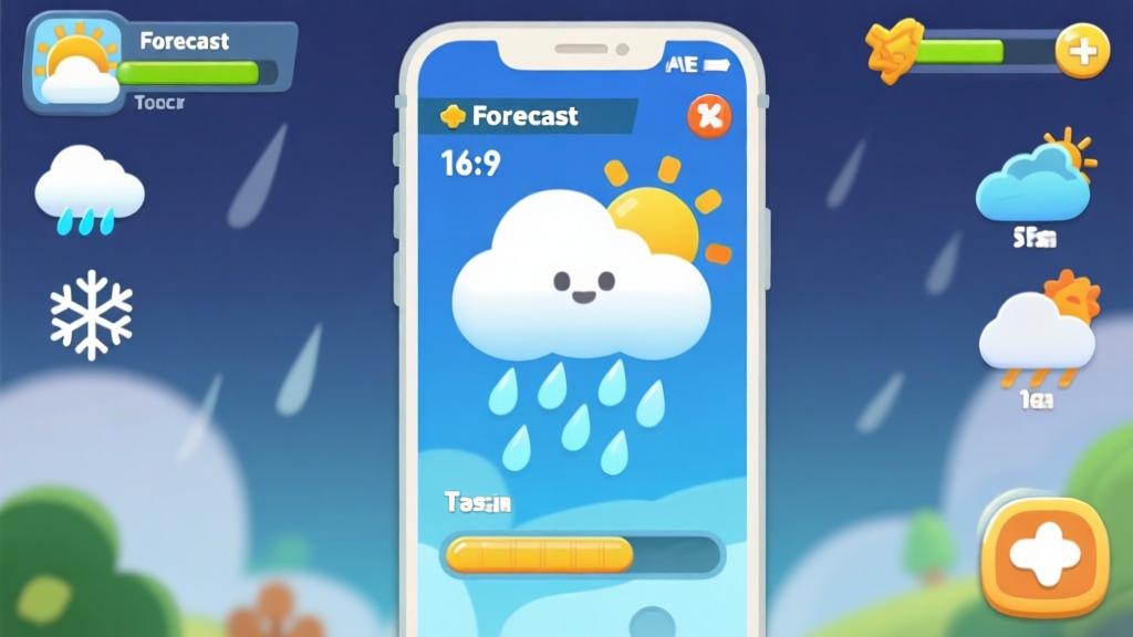 Game interface showing weather forecast mechanics with animated clouds, rain indicators and seasonal symbols, clean mobile game design with intuitive icons and progress bars high quality illustration, detailed, 16:9