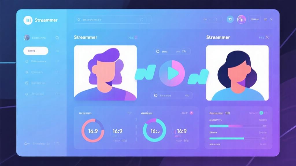 Modern digital interface showing two streamers collaborating, abstract avatar designs, audience metrics merging, soft blue and purple color scheme, clean gaming dashboard visualization high quality illustration, detailed, 16:9