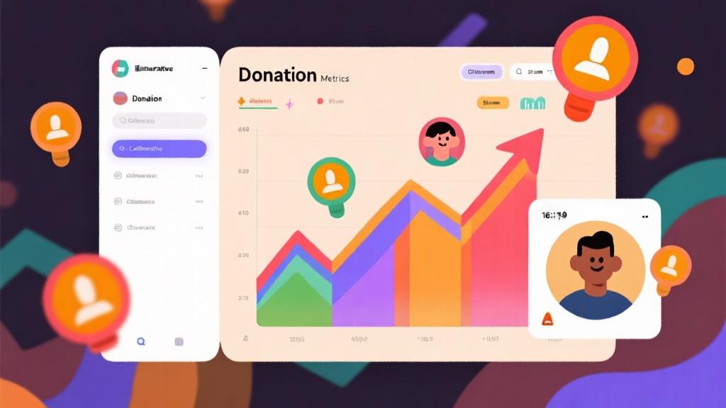 Abstract donation metrics visualization showing rising graphs, colorful donation alerts popping up, collaborative stream interface with dual avatars, warm inviting color palette high quality illustration, detailed, 16:9