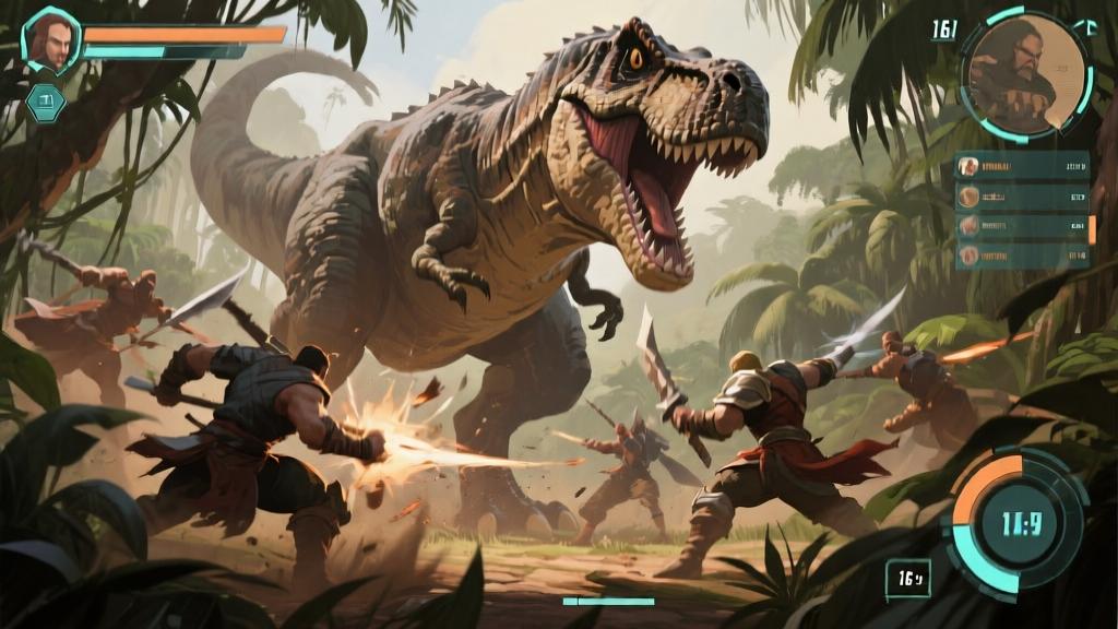 Epic battle scene against a massive T-Rex boss in a jungle environment, dynamic action composition, muted earth tones with strategic UI elements, professional game illustration style high quality illustration, detailed, 16:9