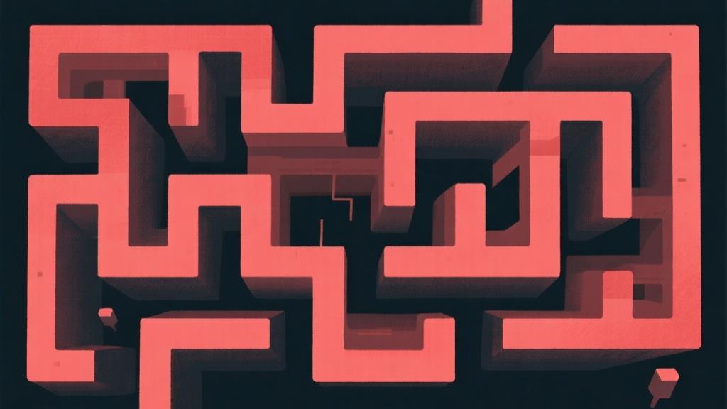 Abstract maze design with multiple pathways and dead ends, soft red and dark color palette, mysterious atmosphere, minimalist game level illustration high quality illustration, detailed, 16:9