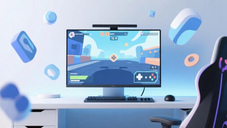 自动生成图片: Modern gaming setup with simulation game interface visible on screen, minimalist design, soft blue and white color scheme, abstract game elements floating around high quality illustration, detailed, 16:9