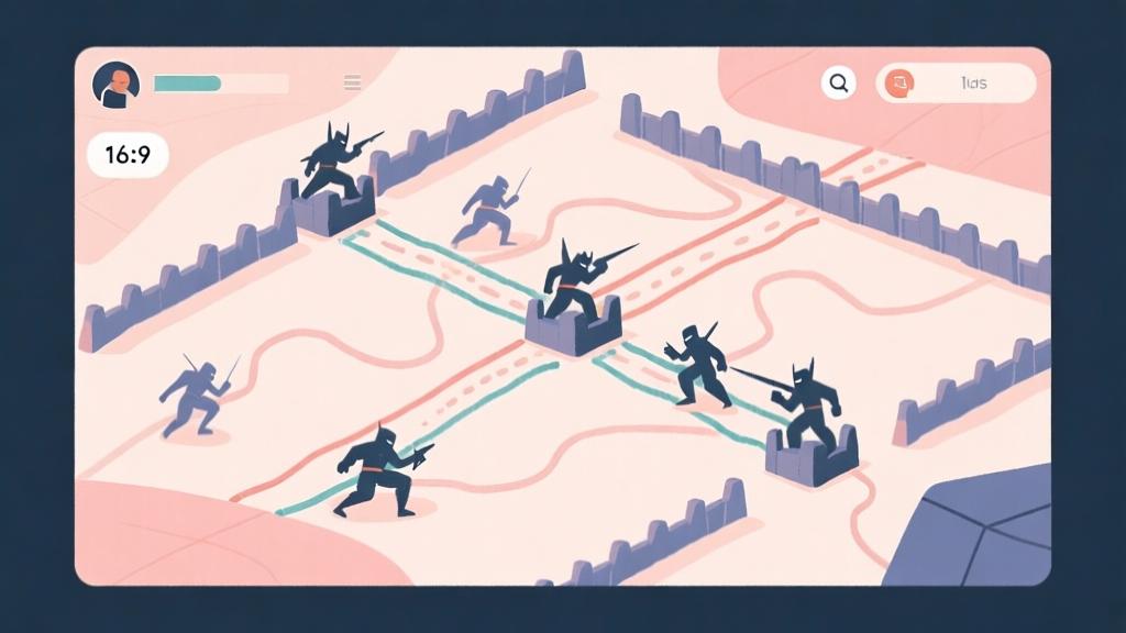 Abstract game interface design with hand-drawn defense lines and enemy paths, soft pastel colors, modern minimal style, strategic planning concept illustration high quality illustration, detailed, 16:9