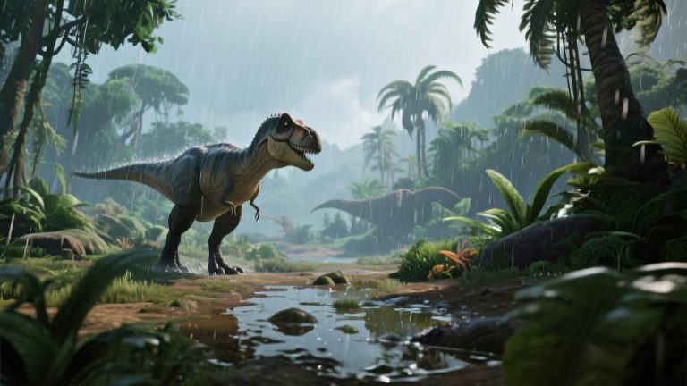 自动生成图片: Dynamic 3D game scene showing a dinosaur survival game with heavy rain effects, lush prehistoric vegetation, water accumulation on terrain, soft natural color palette, realistic weather simulation high quality illustration, detailed, 16:9
