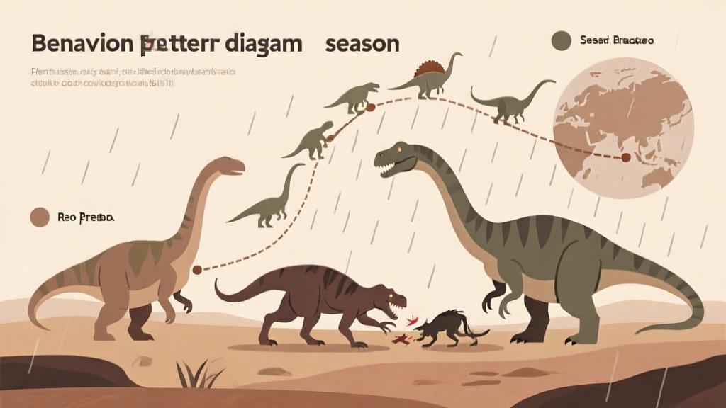 Behavioral pattern diagram showing dinosaur migration routes during rainy season, abstract representation of predator-prey interactions, soft earth tone color scheme, minimalist infographic style high quality illustration, detailed, 16:9