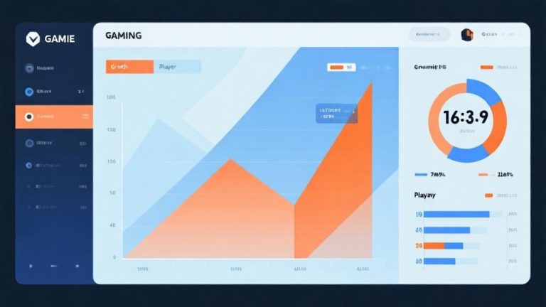 自动生成图片: Abstract gaming statistics dashboard showing growth charts and player demographics, soft blue and orange color scheme, minimalist data visualization, modern geometric design high quality illustration, detailed, 16:9