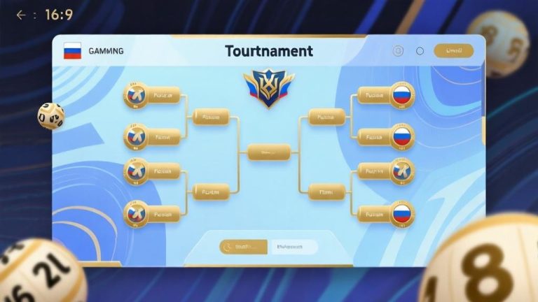自动生成图片: Modern gaming interface showing tournament bracket layout with subtle Russian bingo elements, soft blue and gold color scheme, clean digital design with abstract pattern background high quality illustration, detailed, 16:9