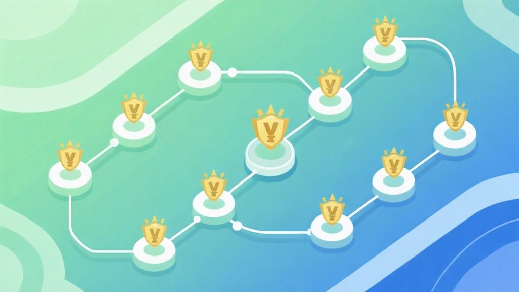 Abstract strategy diagram showing multiple winning paths in tournament gameplay, soft green and blue gradients, minimalist design with connected nodes and flow lines high quality illustration, detailed, 16:9