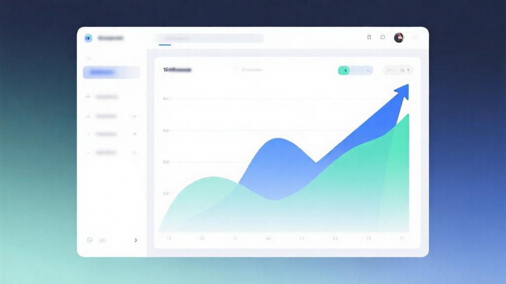 Minimalist dashboard showing upward trend line with soft blue and green colors, abstract data visualization, clean professional design with subtle gradient background high quality illustration, detailed, 16:9