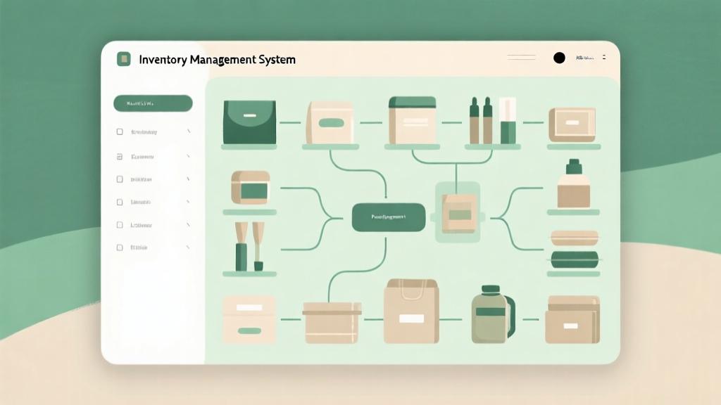 Minimalist inventory management system display with organized items and connection lines, soft green and beige color scheme, clean interface design high quality illustration, detailed, 16:9