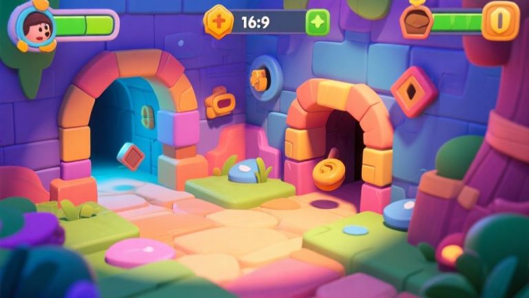 自动生成图片: Colorful 3D game scene showing hidden objects and secret passages in cartoon style, vibrant colors with soft shadows, playful composition with discovery elements high quality illustration, detailed, 16:9