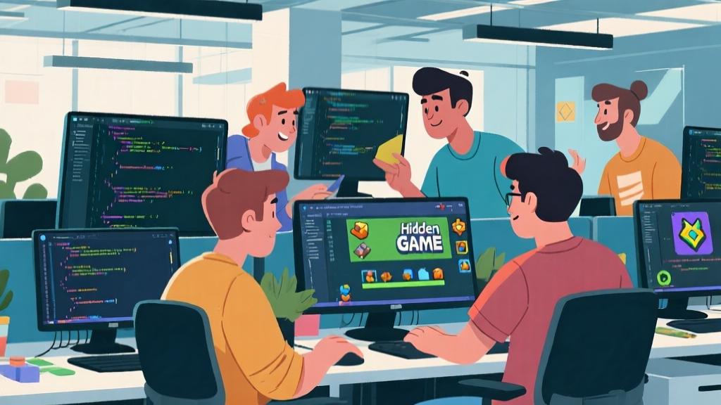 Game developers working on hidden game features in modern office setting, computer screens showing code and game assets, collaborative atmosphere with creative energy high quality illustration, detailed, 16:9